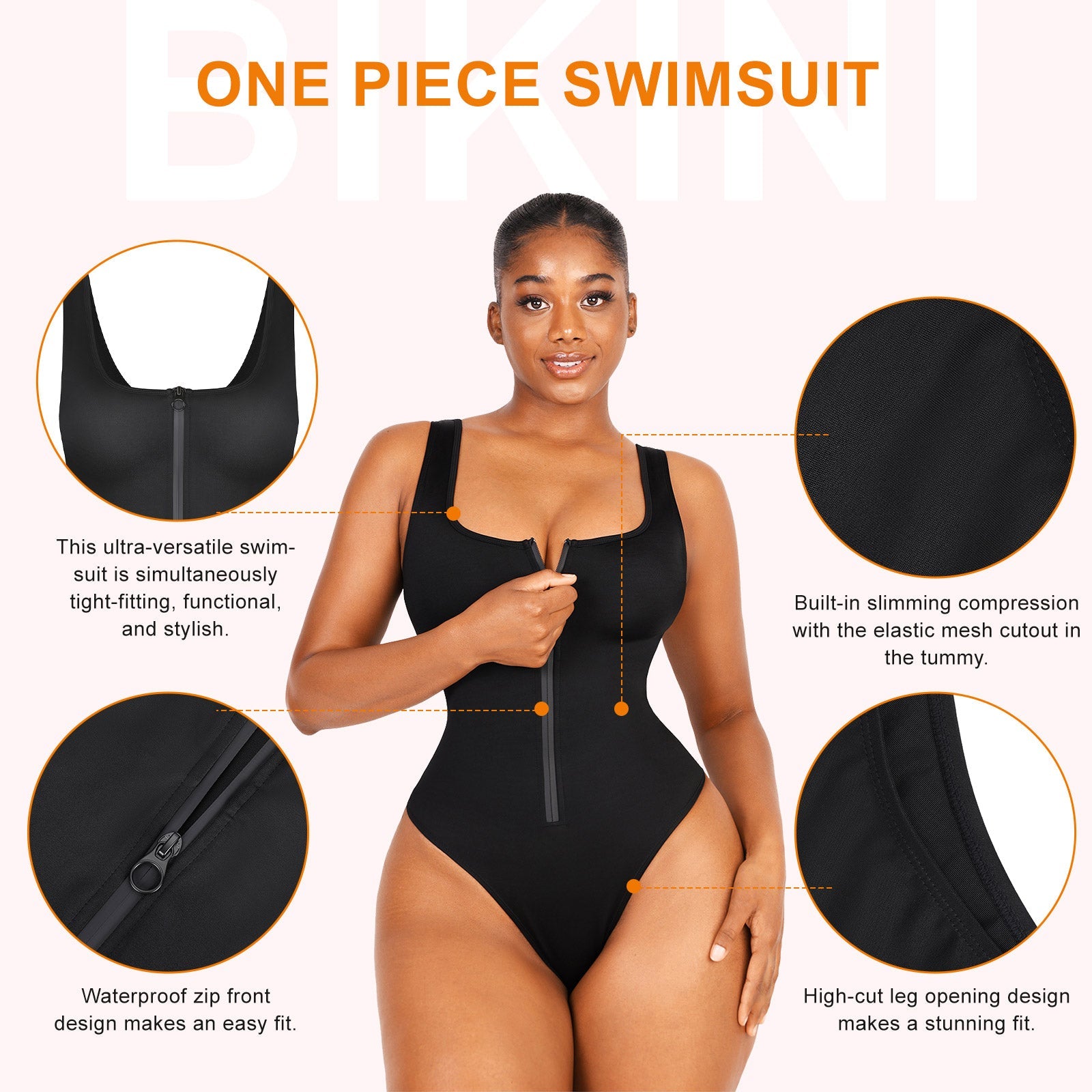 Square Neck Zip-Up Snatched Swimsuit