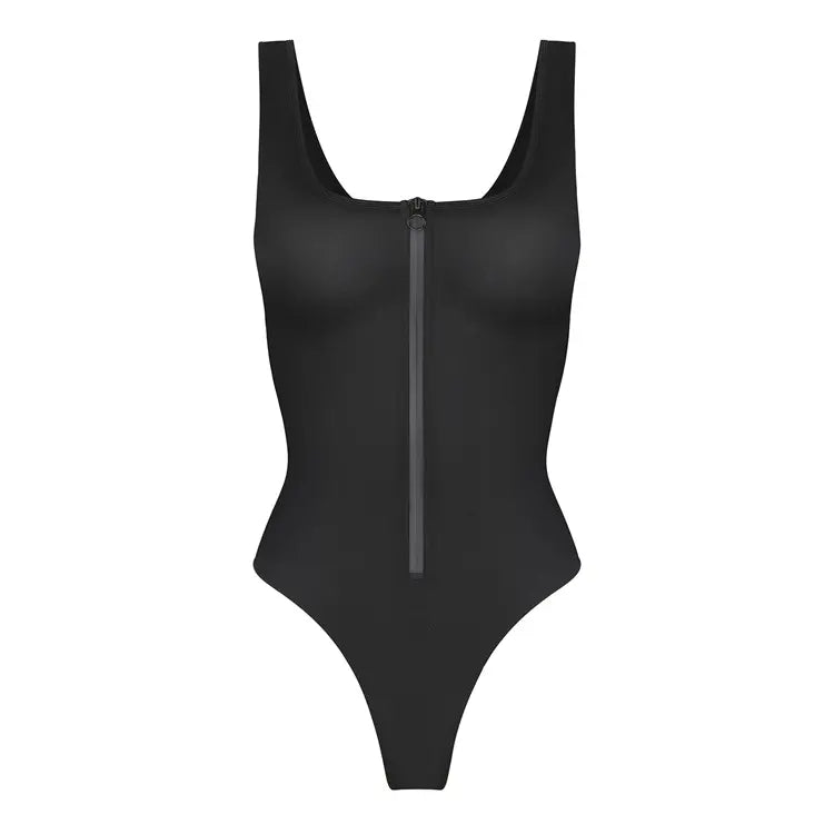 Square Neck Zip-Up Snatched Swimsuit