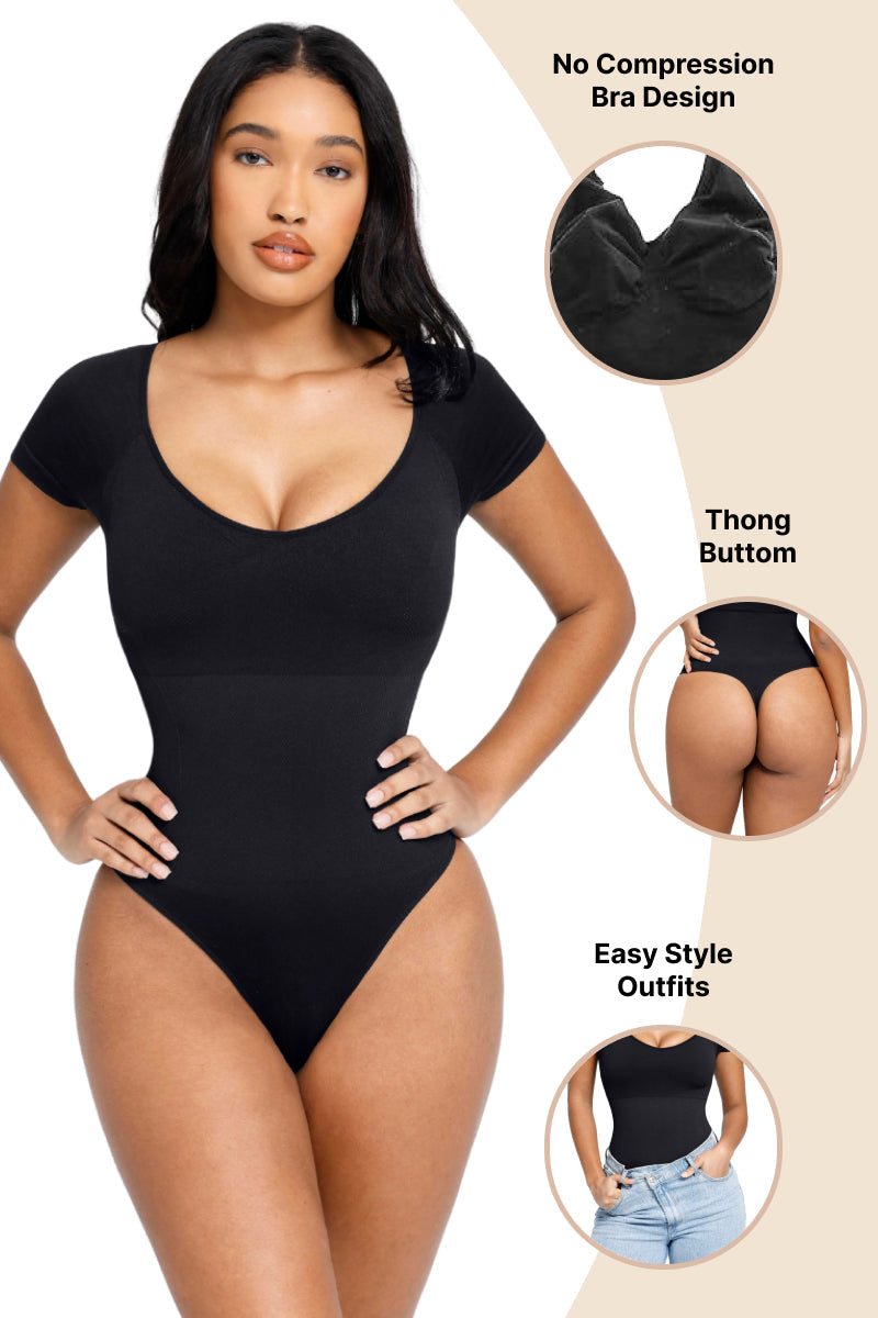 V-Neck Thong Bodysuit (Short Sleeve)